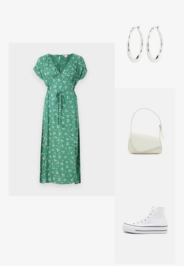 Robe maxie verte à motifs floraux avec manches courtes, décolleté en V, design à taille nouée et tissu léger comportant des fleurs blanches éparpillées.; Baskets montantes blanches en toile, semelle en caoutchouc noir et bande noire contrastante sur la semelle intermédiaire. Bout rond et design à lacets.; Sac à main en cuir synthétique blanc avec une forme triangulaire structurée, une bandoulière unique réglable et un rabat à courbes accentuées.; Boucles d'oreilles créoles en argent avec une finition lisse et brillante. Forme circulaire, dotée d'un fermoir sécurisé. Design simple et élégant.