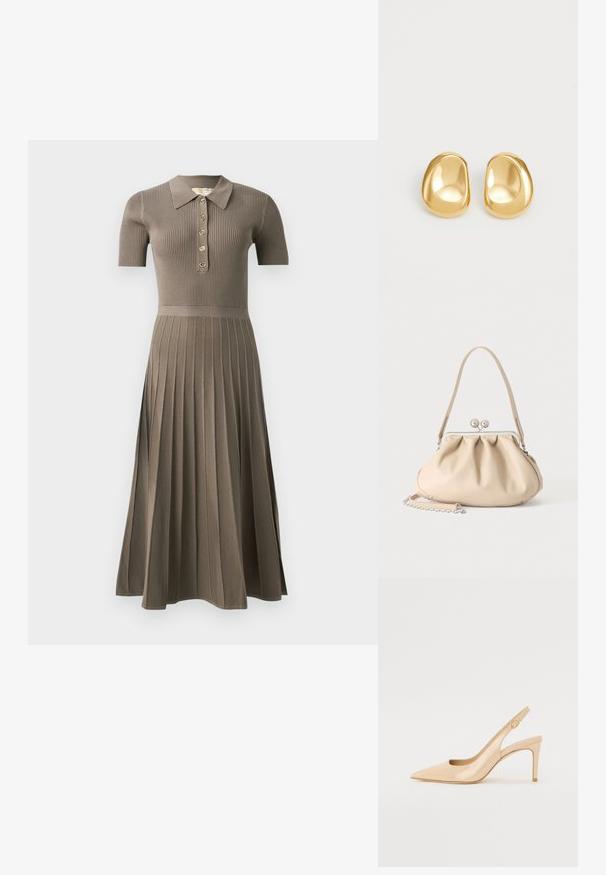Ribbede midikjole i gråbrun med korte ærmer, polo-krave, guldknaplukning og plisseret kjoldesign. Blød tekstur.; Nude patenteret læder slingback hæl med spidse tæer, åben vamp og en tynd stiletto hæl. Har et cirkulært guldfarvet element på remmen.; Beige blød læderhåndtaske med en sølv metalramme-lukning, enkelt skulderstrop og en valgfri kæderem på en hvid baggrund.; Guldfarvede stud øreringe med en glat, rund form og en reflekterende overflade, der fremhæver et minimalistisk design uden synlige mønstre.