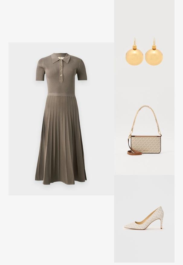 Vestido midi acanalado en marrón grisáceo con mangas cortas, cuello tipo polo, botonera dorada y diseño de falda plisada. Textura suave.; Zapato de tacón alto beige con punta afilada, tacón estrecho y un sutil patrón geométrico en la parte superior de tela.; Bolso de Michael Kors con un lienzo monograma beige, correa de cadena dorada, acentos de cuero marrón y detalle del logotipo en la parte frontal.; Par de pendientes de bola navideña dorados brillantes con cierre de gancho sobre un fondo blanco liso.