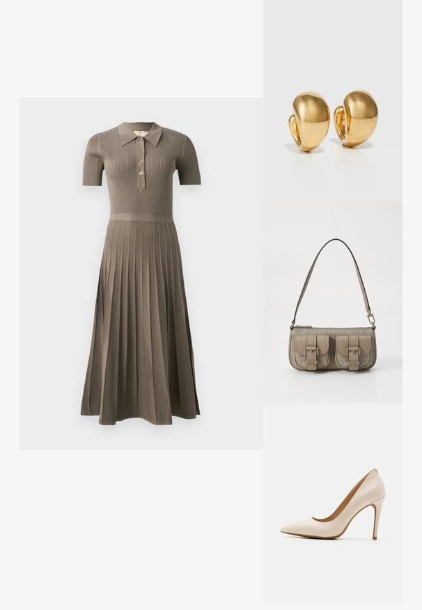 Robe midi côtelée en gris-brun avec des manches courtes, un col polo, un boutonnage doré et un design de jupe plissée. Texture douce.; Escarpin beige à talon haut, à bout pointu, finition en cuir lisse, talon stiletto mince, design minimaliste avec un détail arrière subtil.; Sac à main beige avec accents de double boucle, surface texturée, fermeture éclair et une sangle réglable unique. Comprend un détail de logo sur le devant.; Boucles d'oreilles dorées avec un design lisse et arrondi, et une finition polie. Présente un style à clip pour un port facile.