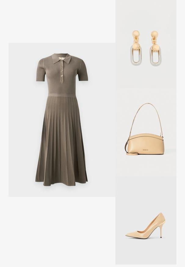 Robe midi côtelée en gris-brun avec des manches courtes, un col polo, un boutonnage doré et un design de jupe plissée. Texture douce.; Escarpin à talon haut en cuir verni beige avec bout pointu et talon aiguille fin, orné d'un petit accent doré à l'arrière.; Sac à main en cuir beige avec bord supérieur incurvé, bandoulière chaîne dorée et petit logo doré centré à l'avant.; Boucles d'oreilles en or et argent avec un dessus sphérique et un élément pendant ovale allongé à finition brillante.