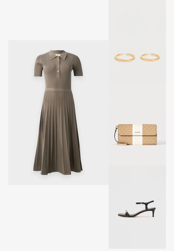 Vestido midi acanalado en marrón grisáceo con mangas cortas, cuello tipo polo, botonera dorada y diseño de falda plisada. Textura suave.; Sandalia de tacón de cuero negro con correa en el tobillo, punta abierta, frente cuadrado y detalle en hardware plateado. Diseño ajustado con un perfil elegante.; Clutch beige de Michael Kors con patrón de logo marrón, franja blanca central, placa de logo dorada y correa de muñeca desmontable sobre fondo blanco.; Par de pendientes de aro medianos de oro pulido con cierres de alambre delgado sobre un fondo blanco liso.