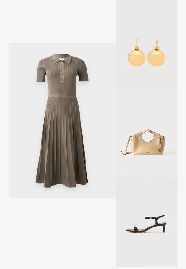 Vestido midi acanalado en marrón grisáceo con mangas cortas, cuello tipo polo, botonera dorada y diseño de falda plisada. Textura suave.; Sandalia de tacón de cuero negro con correa en el tobillo, punta abierta, frente cuadrado y detalle en hardware plateado. Diseño ajustado con un perfil elegante.; Bolso de mano de piel beige con asa superior circular, correa de hombro desmontable y charm dorado con el logo MK sobre fondo blanco liso.; Par de pendientes de bola navideña dorados brillantes con cierre de gancho sobre un fondo blanco liso.