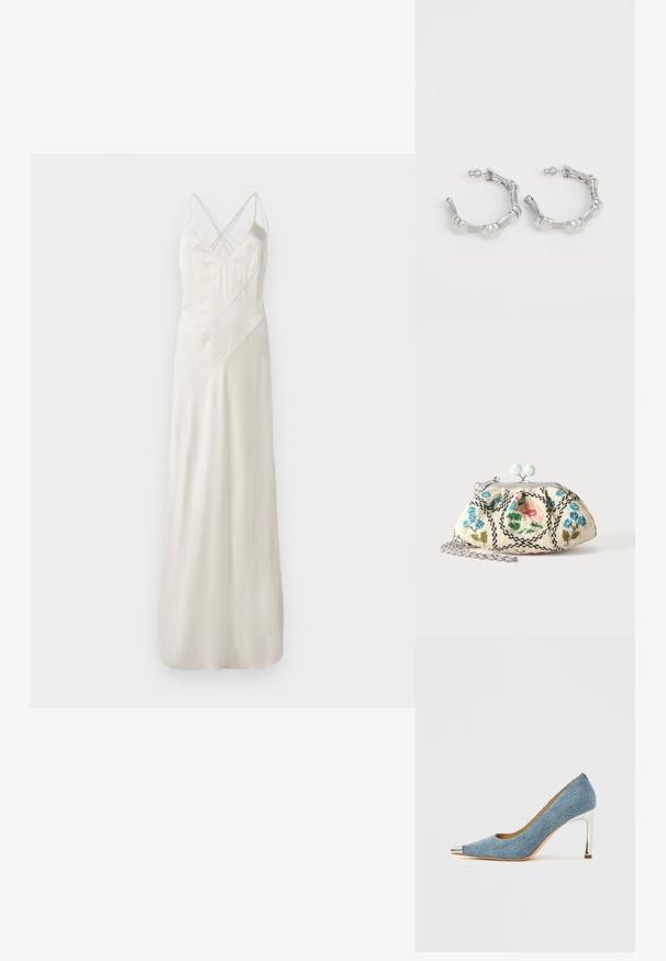 Longue robe en satin crème avec de fines bretelles, présentant un design entrecroisé au niveau du décolleté et une coupe décontractée, le tout avec une texture lisse et brillante.; Escarpin en denim à bout pointu avec embout métallique argenté et talon aiguille. Présente une texture lisse et une silhouette courbée.; Petit porte-monnaie en tissu à fermoir avec broderie florale en perles, cadre métallique et bandoulière chaîne argentée sur un fond uni clair.; Boucles d'oreilles en argent avec un design texturé et bosselé. Fabriquées en métal, elles disposent d'une fermeture à tige sécurisée et d'une finition polie.