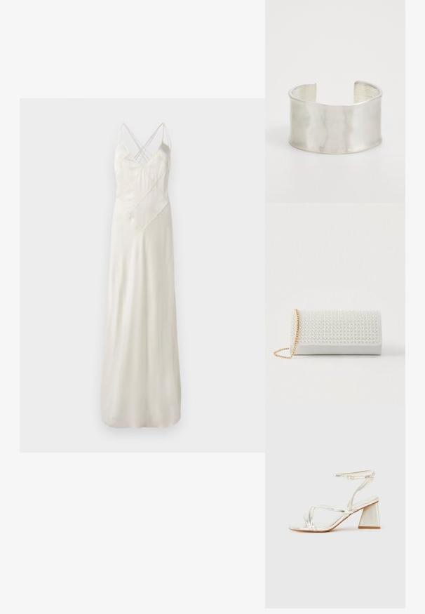 Longue robe en satin crème avec de fines bretelles, présentant un design entrecroisé au niveau du décolleté et une coupe décontractée, le tout avec une texture lisse et brillante.; Sandales à talons hauts métalliques argentés avec un large talon bloc, dotées de fines brides autour de la cheville et d'une ouverture carrée à l'avant.; Pochette rectangulaire blanche avec un motif texturé de petites perles sur le devant, dotée d'une bandoulière chaîne dorée. Matériau lisse ressemblant à du cuir.; Zign Bracelet - silver-coloured