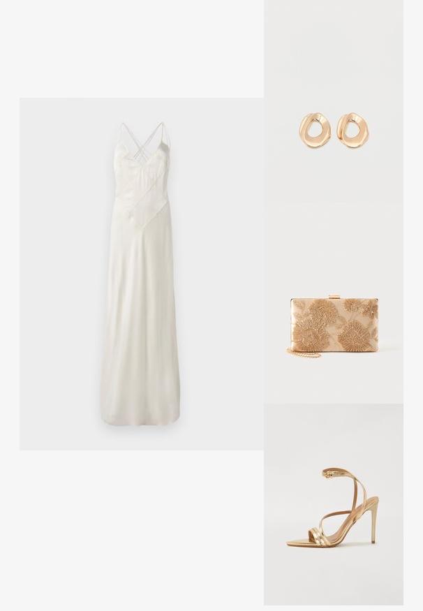 Langes, cremefarbenes Satin-Kleid mit dünnen Trägern, das ein Kreuzdesign am Ausschnitt aufweist und eine legere Passform hat, mit einer glatten, glänzenden Textur.; Even&Odd Riemensandalette - gold; Rechteckige beige Clutch mit goldener Blumenstickerei und goldenem Kettenriemen vor einem einfarbigen Hintergrund.; Paar unregelmäßig geformter, polierter Creolen aus goldfarbenem Metall mit offenem Zentrum auf weißem Hintergrund.