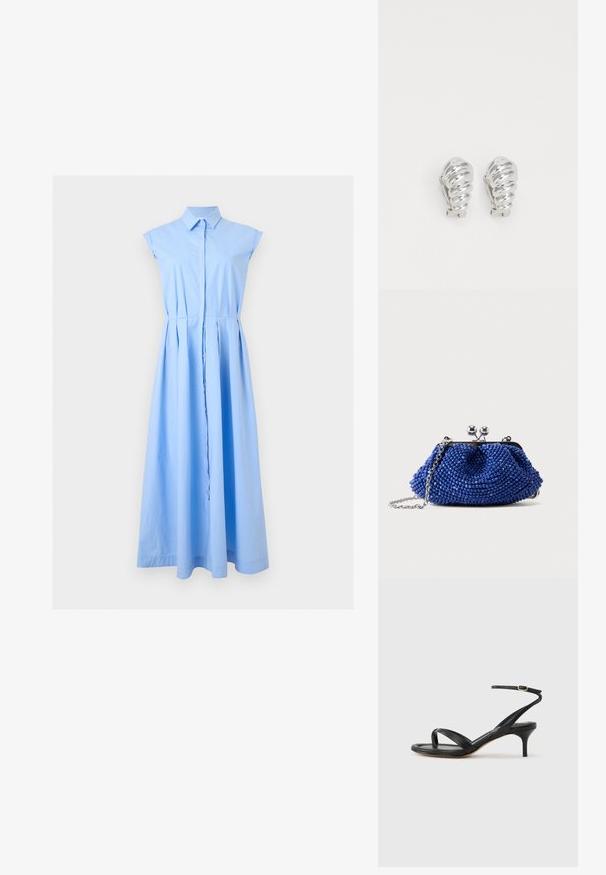 Robe chemise sans manches bleu clair avec col, boutonnée et jupe plissée, présentée sur un fond uni.; Sandale pour femme en cuir noir avec fines lanières, une boucle d'orteil, une boucle à la cheville et un talon aiguille de hauteur moyenne sur un fond neutre.; Petit sac pochette bleu perlé avec fermoir argenté et bandoulière en chaîne, posé sur un fond uni gris clair.; Boucles d'oreilles en clip argentées avec un design en spirale, présentant une texture métallique lisse et des formes arrondies. Pas d'embellissements ou de motifs visibles.