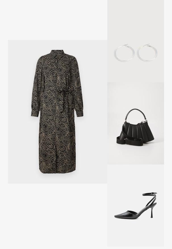 Zwarte jurk met lange mouwen en een kraag, met een gouden paisleypatroon, een getailleerde taille en een knielange ontwerp. Zacht, vloeibaar materiaal.; Zwarte pumps met puntige neus, dunne enkelbandjes en een zilveren gesp op een effen lichte achtergrond.; Zwarte geplooide handtas met een ronde handgreep, verstelbare schouderriem en glanzende textuur. Heeft zilveren hardware en een gestructureerde silhoutte.; Een paar glanzende zilveren oorringen met dunne draadafsluitingen, getoond op een lichtgrijze achtergrond.