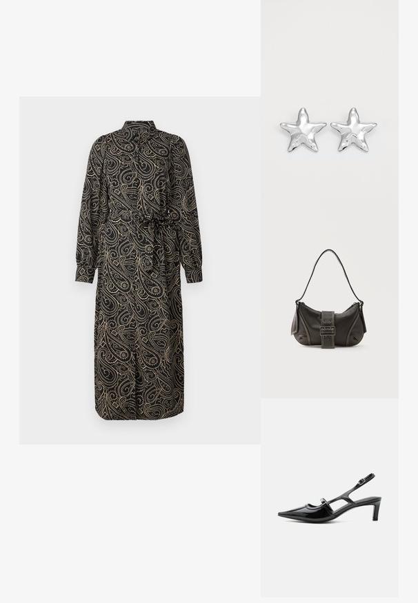 Sort kjole med lange ærmer og krave, prydet med et gyldent paisley-mønster, indsnævret talje og knælangt design. Blødt, flydende stof.; Sort laklæder spids tå slingback sko med lav hæl og to justerbare spænder, vist i sideprofil.; Sort læder skuldertaske med spænde på remmen, afrundede kanter og kontrasterende hvide syninger på en ensfarvet baggrund.; Sølvstjernede øreringe med en poleret, blank overflade. Hver ørering har fem spidser og subtile teksturdetaljer på overfladen.
