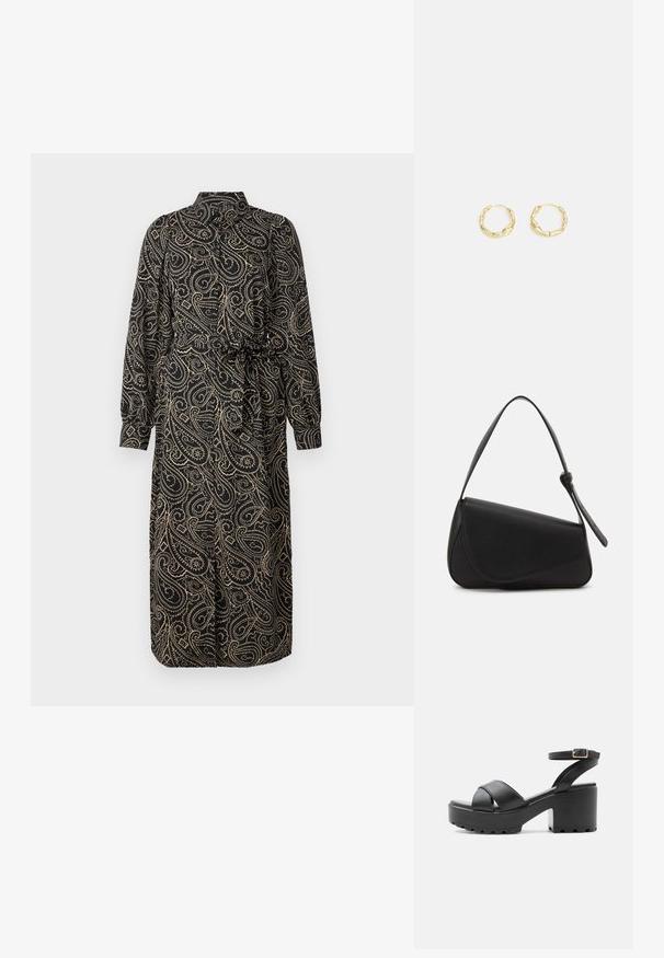 Schwarzes Kleid mit langen Ärmeln und einem Kragen, versehen mit einem goldenen Paisley-Muster, tailliert und knielang. Aus weichem, fließendem Stoff.; Schwarze Sandale mit klobigem Absatz, gekreuzten Riemen und verstellbarer Knöchelschnalle auf einer profilierten Plateau-Sohle.; Schwarze Lederhandtasche mit dreieckiger Form, schrägem Klappdeckel und rundem Oberhandgriff. Verfügt über eine glatte Textur und minimalistische Designdetails.; Goldene Creolen mit einer strukturierten, unregelmäßigen Oberfläche. Sie verfügen über ein leichtes Design und eine runde Form, die sich für den täglichen Gebrauch eignet.