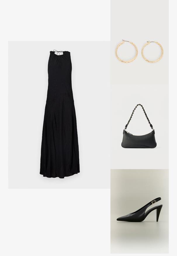 Sort maxikjole med halterneck, der har en bundet ryg, flydende form og en tekstureret overflade, som tilføjer subtilt detalje.; Sort læder slingback med spids tå, høj hæl, guldlås og tilspidset hæl på en neutral baggrund.; Sort skuldertaske i læder med en buet rektangulær form, gyldent kæde vævet ind i en flettet sort rem og toplynlås.; Par af guldfarvede teksturerede hoop-øreringe med tynde stifter på en hvid baggrund.