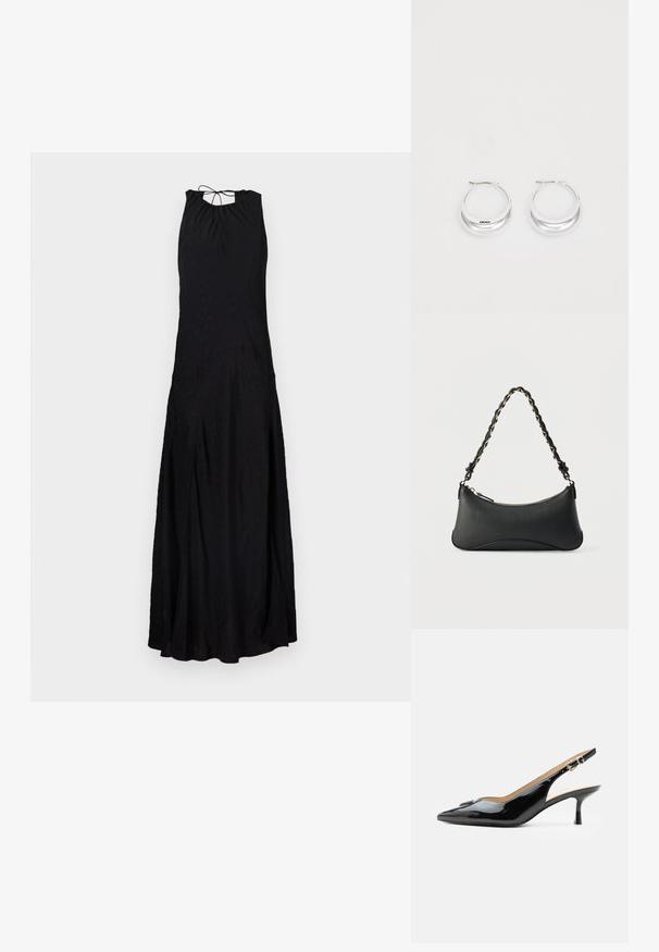 Schwarzes Maxikleid mit Neckholder-Ausschnitt, das mit einem gebundenen Rücken, einer fließenden Form und einer strukturierten Oberfläche mit subtilen Details versehen ist.; Schwarzer Pumps mit Riemchen aus Lackleder, spitz zulaufender Zehenpartie, kleinem Kitten-Heel und silberner Schnalle auf weißem Hintergrund.; Schwarze Lederschultertasche mit gewölbter rechteckiger Form, goldener Kette, die in den geflochtenen schwarzen Riemen eingewebt ist, und Reißverschlussverschluss oben.; Silberne Creolen mit glänzender Oberfläche und DKNY-Logo, vor einem schlichten weißen Hintergrund präsentiert.