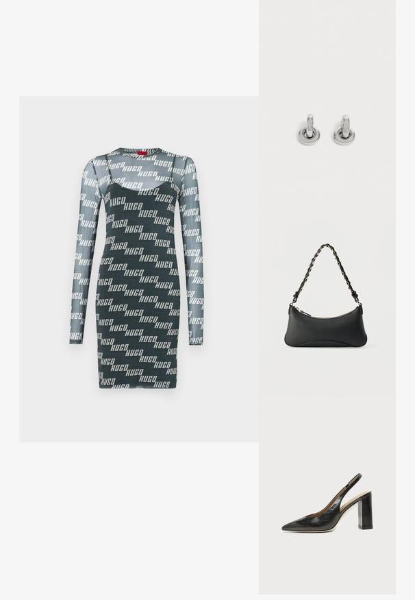 Langærmet kjole i mørkegrøn med et gentagende hvidt "HUGO" logo mønster. Lavet af tætsiddende, strækbart stof med rund halsudskæring.; Sort læder peep-toe slingback sko med høj blokhæl og beige indvendig foring mod en ensfarvet lys baggrund.; Sort skuldertaske i læder med en buet rektangulær form, gyldent kæde vævet ind i en flettet sort rem og toplynlås.; Par små, skinnende sølv hoops med rund base, vist på en ensfarvet lys baggrund.