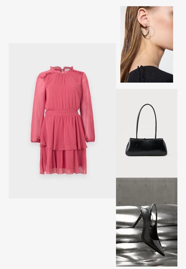 Vestido de chiffon rosa con mangas largas, escote con volantes y falda en capas. Presenta una cintura ceñida y una tela texturizada.; Zapato de tacón alto en negro brillante con talón descubierto, equilibrado sobre una superficie acolchada metálica plateada y brillante con textura suave.; Bolso de hombro rectangular negro con correas largas y delgadas y una textura lisa y brillante sobre un fondo liso.; Pendiente de aro de plata con un acabado pulido, que presenta pequeños detalles en dorado y una forma redonda, llevado en el lóbulo.