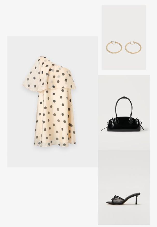 Robe beige asymétrique à pois noirs avec un volant fluide superposé sur la partie supérieure.; Mule noir à talons avec un dessus en mesh, des fines brides et un nœud décoratif. Équipé d'un talon fin et pointu ainsi que d'une semelle intérieure texturée.; Petit sac à main noir brillant avec deux longues anses et des détails à cordon sur les côtés sur un fond clair uni.; Paire de boucles d'oreilles créoles en or de taille moyenne avec un design texturé et perlé sur un fond clair uni.