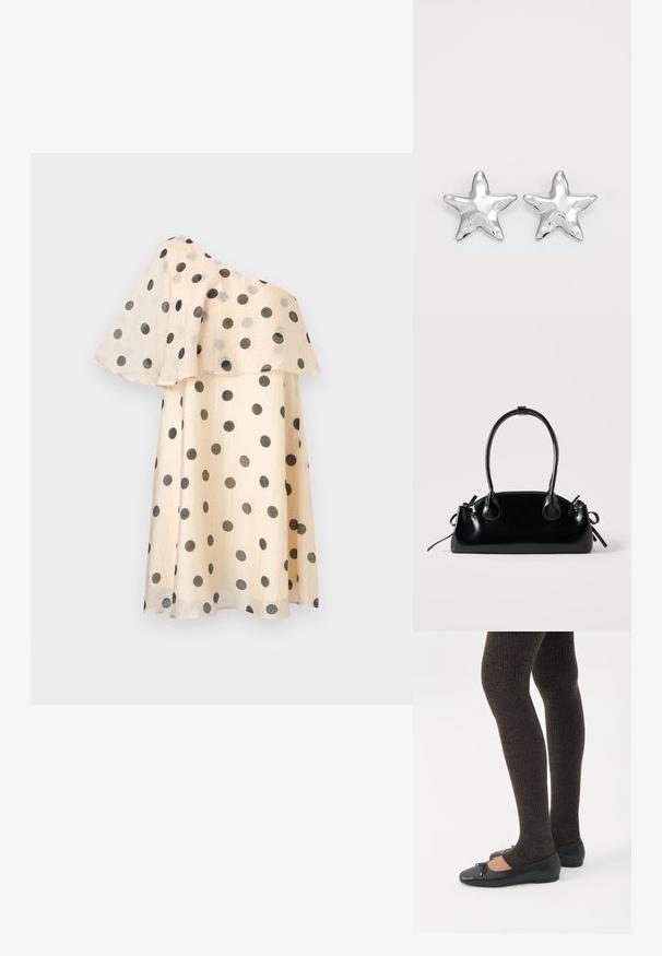 Robe beige asymétrique à pois noirs avec un volant fluide superposé sur la partie supérieure.; Jambes portant des leggings côtelés foncés associés à des ballerines noires avec de petits détails en nœud sur fond blanc.; Petit sac à main noir brillant avec deux longues anses et des détails à cordon sur les côtés sur un fond clair uni.; Boucles d'oreilles argentées en forme d'étoile, avec une surface lisse et brillante. Chaque boucle d'oreille possède cinq pointes et des détails subtils de texture de surface.