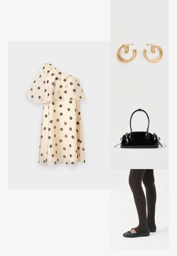 Robe beige asymétrique à pois noirs avec un volant fluide superposé sur la partie supérieure.; Jambes portant des leggings côtelés foncés associés à des ballerines noires avec de petits détails en nœud sur fond blanc.; Petit sac à main noir brillant avec deux longues anses et des détails à cordon sur les côtés sur un fond clair uni.; Paire de boucles d'oreilles créoles doubles en or brillant avec attaches à tige sur fond blanc.