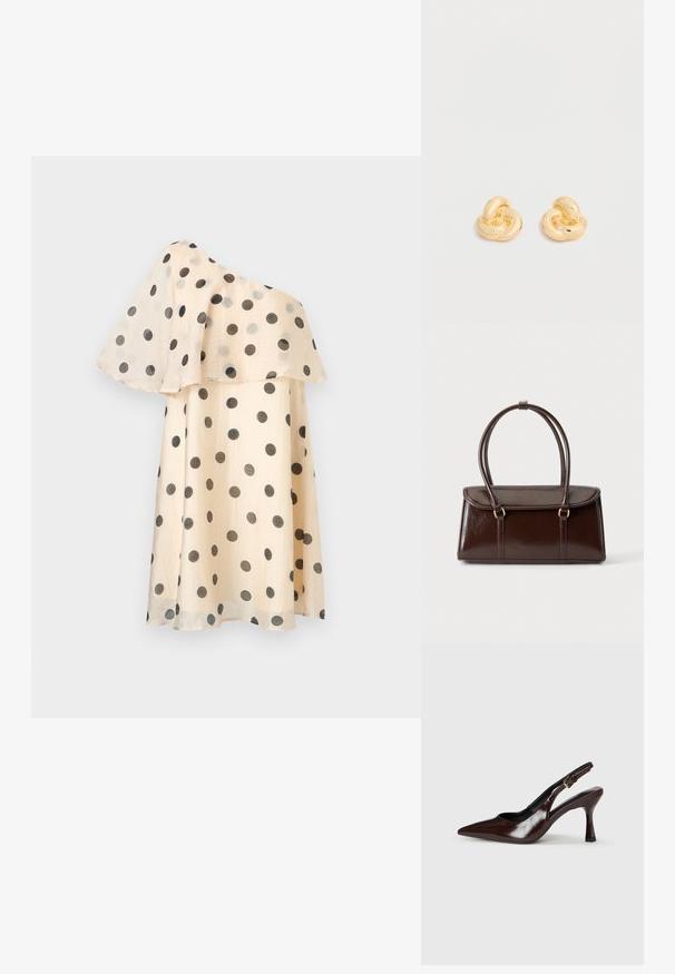Robe beige asymétrique à pois noirs avec un volant fluide superposé sur la partie supérieure.; Talons slingback en cuir verni brun avec un bout pointu, un talon fin, et une sangle réglable avec une petite boucle.; Sac à main rectangulaire en cuir marron foncé avec deux anses en boucle et une fermeture à rabat sur un fond clair uni.; Paire de clous d'oreilles en forme de nœud, couleur or brillant, sur un fond blanc uni.