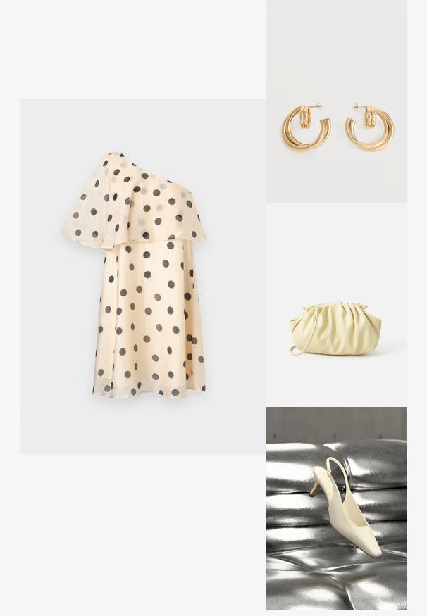 Robe beige asymétrique à pois noirs avec un volant fluide superposé sur la partie supérieure.; Chaussure à talon kitten slingback crème avec un bout carré reposant sur une surface en cuir argenté capitonnée et brillante.; Sac à main plissé jaune en simili cuir lisse, arborant une forme douce avec une bandoulière unique et un design froncé sur le dessus.; Paire de boucles d'oreilles créoles doubles en or brillant avec attaches à tige sur fond blanc.