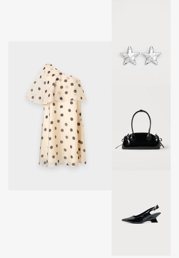 Robe beige asymétrique à pois noirs avec un volant fluide superposé sur la partie supérieure.; Chaussure slingback en cuir verni noir avec bout pointu et petit talon bloc incliné sur fond clair uni.; Petit sac à main noir brillant avec deux longues anses et des détails à cordon sur les côtés sur un fond clair uni.; Boucles d'oreilles argentées en forme d'étoile, avec une surface lisse et brillante. Chaque boucle d'oreille possède cinq pointes et des détails subtils de texture de surface.