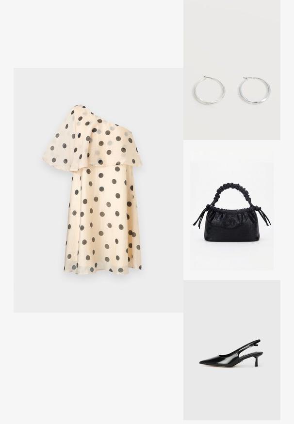Robe beige asymétrique à pois noirs avec un volant fluide superposé sur la partie supérieure.; Escarpins à talons slingback en cuir verni noir avec un bout pointu, un talon fin et une sangle réglable. Texture lisse avec un détail minimal.; Sac à main noir avec texture crocodile, bord supérieur froncé, poignée plissée et pompons à cordon de chaque côté sur fond blanc.; Boucles d’oreilles créoles en métal argenté avec une surface lisse légèrement incurvée et des fermoirs à clapet sur un fond blanc uni.