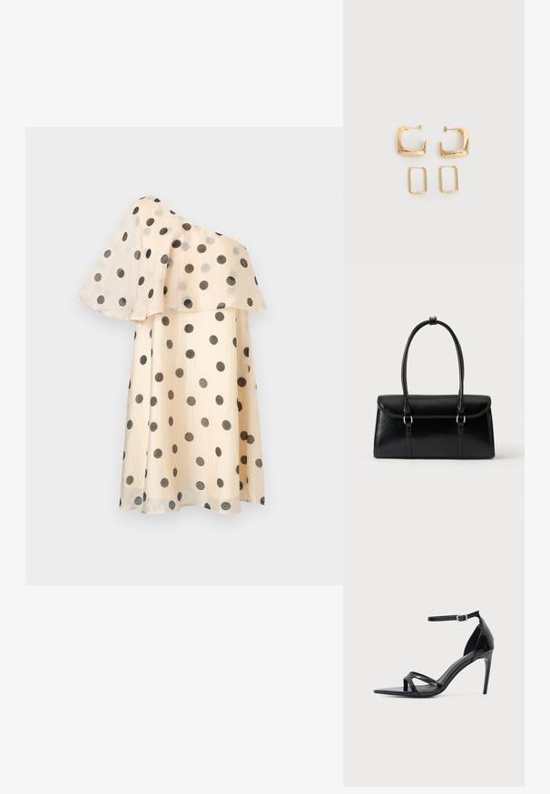 Robe beige asymétrique à pois noirs avec un volant fluide superposé sur la partie supérieure.; Sandale à talon haut en cuir verni noir avec fine bride à la cheville, bout ouvert et design minimaliste sur fond clair uni.; Sac à main rectangulaire en cuir noir avec fermeture à rabat et deux longues anses sur fond blanc uni.; Deux paires de Boucles d'oreilles créoles géométriques dorées sur une surface blanche unie, une paire carrée et pleine, une paire rectangulaire et creuse.