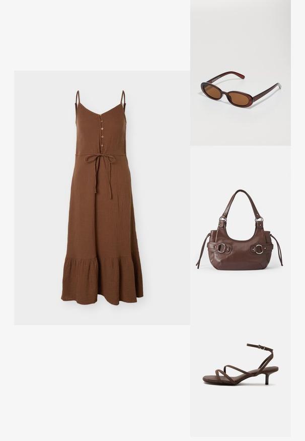 Robe midi marron sans manches avec fines bretelles, boutons sur le devant, ceinture à la taille et ourlet à volants en tissu texturé.; Sandale marron à talons hauts avec fines lanières croisées et bride de cheville avec boucle argentée sur fond blanc.; Lunettes de soleil rondes teinte brun avec une monture bordeaux brillante. Branches fines avec un détail de marque subtil. Design de verres plats.; Sac à main en cuir marron de forme arrondie, avec quincaillerie argentée, deux anses latérales et une texture lisse. Dispose d'une seule poignée supérieure.