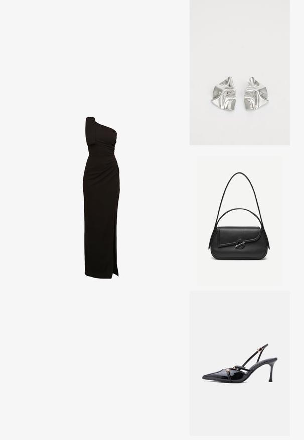 Schwarzes, einseitiges Abendkleid mit Raffung, tailliertem Schnitt und einem hohen Schlitz bis zum Oberschenkel. Hergestellt aus einem glatten, elastischen Stoff.; Schwarzer spitzer Slingback-Absatz aus Lackleder mit dünnen Riemen und kleinen Verschlüssen in Goldoptik auf weißem Hintergrund.; Schwarze Lederhandtasche mit abgerundeten Kanten, asymmetrischem Überschlag, metallfarbenem runden Verschluss und kurzen sowie langen Schulterriemen.; Silberne Metallohrringe mit einem wellenförmigen, skulpturalen Design, das eine polierte Oberfläche und unregelmäßige Formen aufweist, die eine zeitgenössische Ästhetik betonen.