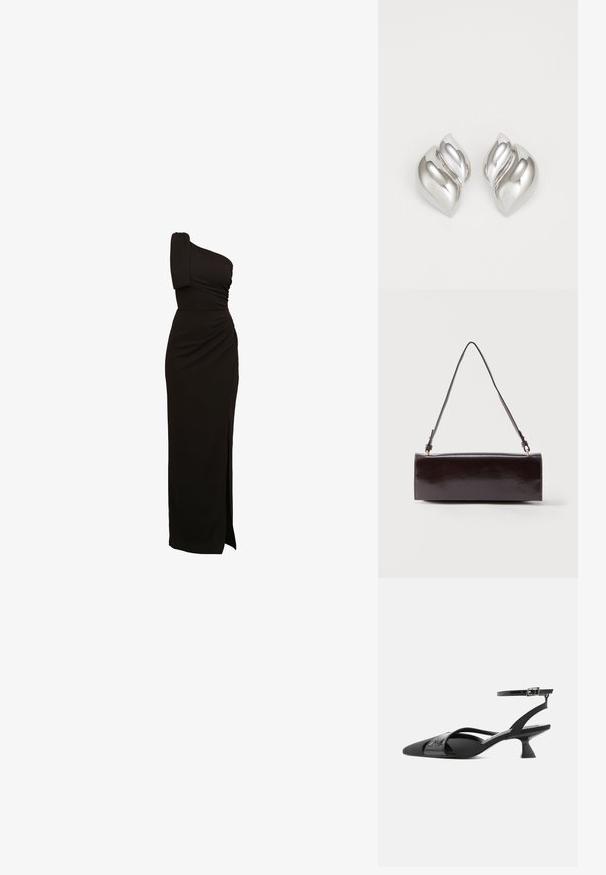 Schwarzes, einseitiges Abendkleid mit Raffung, tailliertem Schnitt und einem hohen Schlitz bis zum Oberschenkel. Hergestellt aus einem glatten, elastischen Stoff.; Schwarzer Slingback-Kitty-Heel mit spitzer Spitze, dünnem Knöchelriemen und asymmetrischen Kreuzriemen vor weißem Hintergrund.; Rechteckige schwarze Ledertasche mit einem einzelnen langen Riemen und glänzendem Finish, vor einem schlichten weißen Hintergrund präsentiert.; Silberne Ohrringe mit einer organischen, abstrakten Form. Glatte, glänzende Oberfläche mit einem konischen Design. Mit dezenten Kurven und einem zentralen Linienelement.