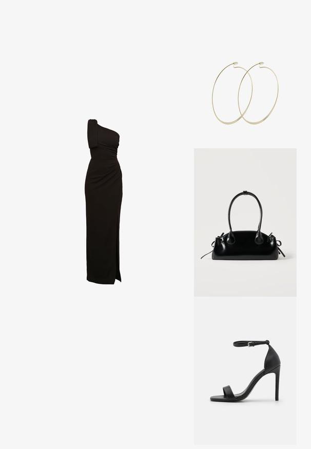 Schwarzes, einseitiges Abendkleid mit Raffung, tailliertem Schnitt und einem hohen Schlitz bis zum Oberschenkel. Hergestellt aus einem glatten, elastischen Stoff.; Schwarze hochhackige Sandale mit elegantem Design, featuring einem Knöchelriemen, offener Zehenpartie und glattem Lederfinish.; Kleine schwarze glänzende Handtasche mit zwei langen Griffen und seitlichen Kordelzug-Details vor einfachem hellem Hintergrund.; Pilgrim Ohrringe - gold-coloured