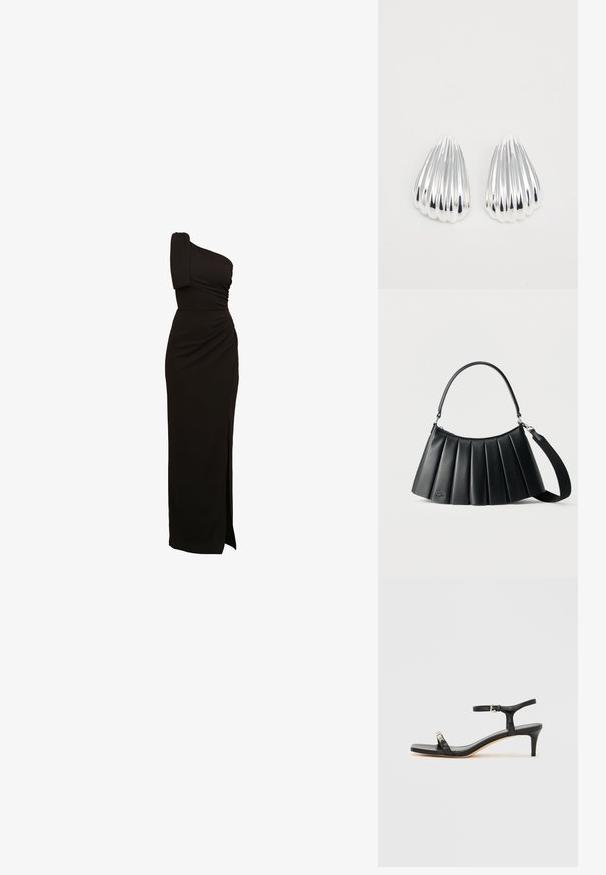 Schwarzes, einseitiges Abendkleid mit Raffung, tailliertem Schnitt und einem hohen Schlitz bis zum Oberschenkel. Hergestellt aus einem glatten, elastischen Stoff.; Schwarze Leder-Sandale mit Absatz und Knöchelriemen, offenem Zehenbereich, quadratischer Vorderseite und silbernen Metallakzenten. Eng anliegendes Design mit schlanker Silhouette.; Schwarze, plissierte Lederhandtasche mit Tragegriff oben und abnehmbarem Schulterriemen vor hellem einfarbigem Hintergrund.; Ein Paar glänzende silberne, gerippte muschelförmige Ohrringe auf einem schlichten weißen Hintergrund, die reflektierende und glatte Oberflächen zeigen.