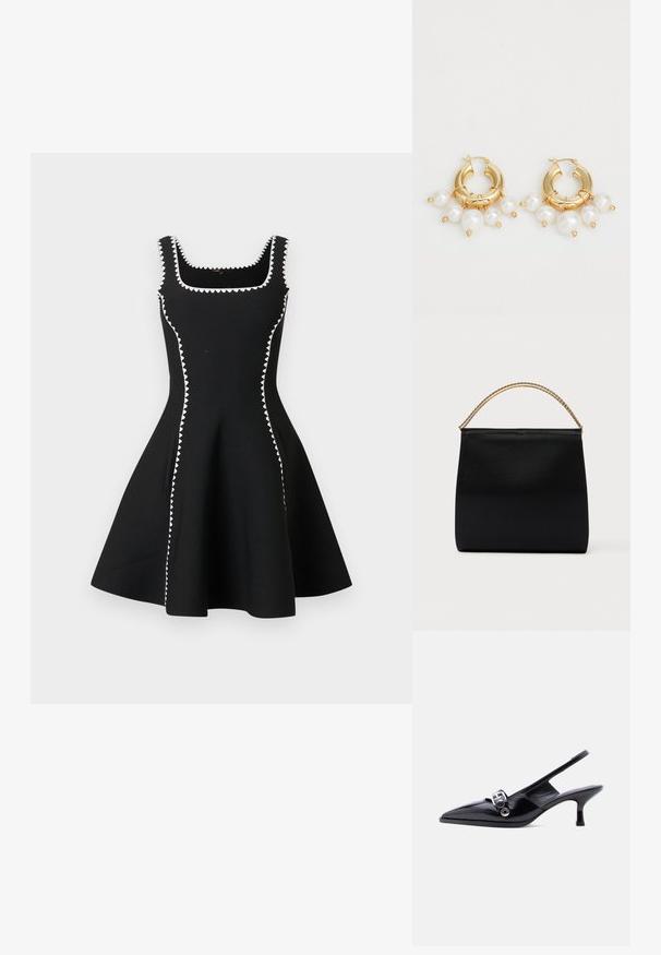 Robe noire sans manches en ligne A avec encolure carrée, ornée d'un biais zigzag blanc le long de l'encolure, des côtés et des bretelles.; Chaussure à talon bas en cuir verni noir avec bride arrière, bout pointu et détail boucle argentée sur fond blanc uni.; Sac noir en tissu lisse, présentant une forme structurée, une poignée en chaîne dorée et un design géométrique minimaliste.; Boucles d'oreilles en or en forme de créoles, ornées de trois perles blanches pendantes, maintenues par des accents en fil. Fini métallique lisse avec un aspect poli.
