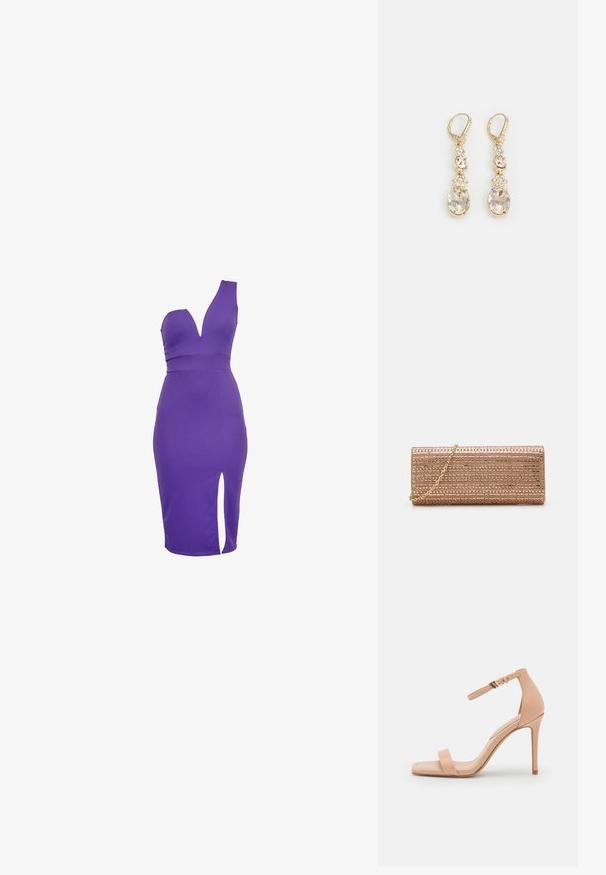 Robe moulante violette avec un décolleté plongeant en V, un design asymétrique à une épaule, et une fente haute sur la cuisse. Fabriquée en matériau extensible pour une coupe près du corps.; Sandale à talons nud avec un bout carré, dotée d'une seule lanière pour les orteils et d'une lanière de cheville maintenue par une boucle en or. Texture en cuir lisse.; Mascara Pochette - rose gold-coloured; Boucles d'oreilles pendantes dorées présentant un cristal ovale transparent à la base, rehaussé de plus petits cristaux et de détails floraux au-dessus.
