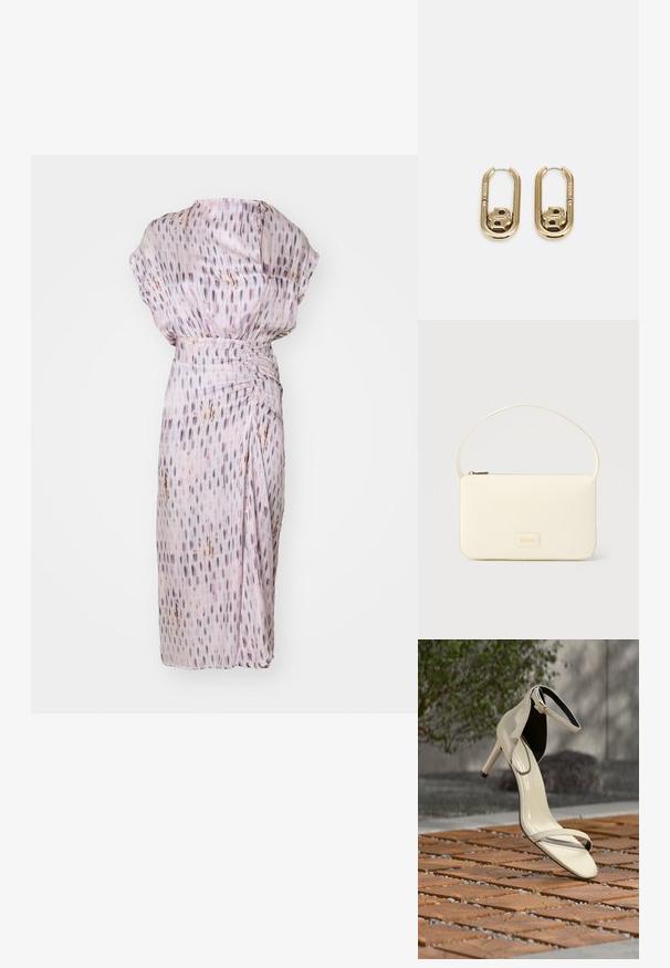 Vestido de color púrpura claro con un corte holgado, que presenta una tela texturizada, patrones verticales y una cintura fruncida para dar forma.; Sandalia de tacón alto beige con correa en el tobillo, sobre listones de madera al aire libre, con fondo desenfocado de vegetación y concreto.; Bolso rectangular color crema con una sola correa y cremallera superior, con una pequeña placa de logotipo en relieve en el frente.; BOSS DOUBLE B SWING - Pendientes - gold-coloured