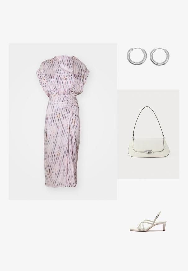 Helllila Kleid mit lockerer Passform, aus strukturiertem Stoff, mit vertikalen Mustern und einer gerafften Taille für eine schmeichelhafte Form.; Zign Pumps - off white; Weiße Lederhandtasche mit geschwungenem Design, kontrastierender schwarzer Naht und einem silbernen Verschluss mit dem Calvin Klein-Logo.; Paar silberfarbene Creolen mit einer strukturierten, leicht unregelmäßigen runden Form und dünnen Drahtverschlüssen.