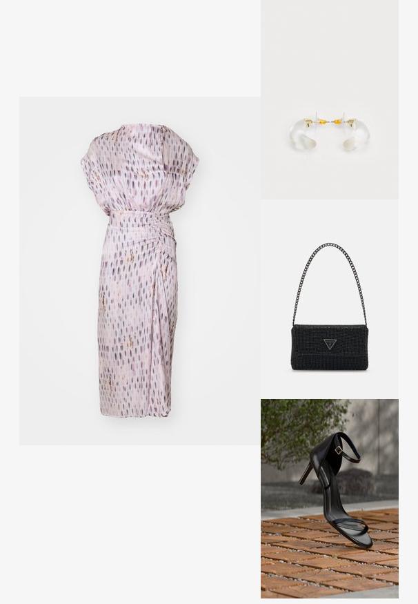 Helllila Kleid mit lockerer Passform, aus strukturiertem Stoff, mit vertikalen Mustern und einer gerafften Taille für eine schmeichelhafte Form.; Schwarze Sandalette mit hohem Absatz und Knöchelriemen schwebt über einem Holzboden im Freien vor verschwommenem Grün und Steinhintergrund.; Schwarze Perlen-Handtasche mit strukturierter Oberfläche, ausgestattet mit einem Kettenriemen und einer dreieckigen Logo-Plakette auf der Vorderseite. Kompakte rechteckige Form.; Klare Acryl-Ohrringe in Hoop-Form mit goldenen Akzenten, die ein geschwungenes Design und einen transparenten Verschluss aufweisen. Glatte Textur, minimalistischer Stil.