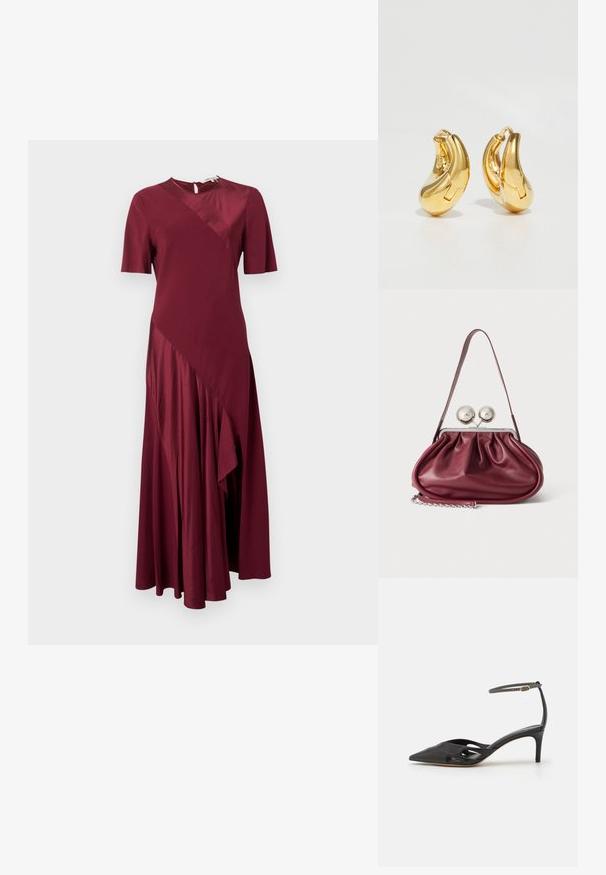 Burgundy short-sleeve midi dress with asymmetrical satin panels and a round neckline with back button closure.; Black leather high-heeled shoe with a pointed toe, open sides, and a thin ankle strap featuring a small gold hardware detail.; Small burgundy leather handbag with gathered details, a thin strap, and a silver clasp featuring two large round knobs.; Gold hoop earrings with a smooth, curved shape and polished finish. Features a clasping mechanism and slight indentations for detail.