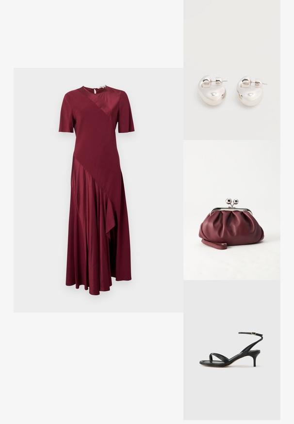 Robe midi bordeaux à manches courtes avec panneaux en satin asymétriques et encolure ronde avec fermeture par boutons au dos.; Sandale pour femme en cuir noir avec fines lanières, une boucle d'orteil, une boucle à la cheville et un talon aiguille de hauteur moyenne sur un fond neutre.; Petit sac pochette en cuir bordeaux avec fermoir métallique argenté et bracelet sur fond blanc.; Paire de boucles d'oreilles argentées brillantes et épaisses avec fermoirs à tige, sur fond blanc uni.