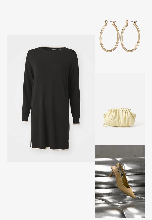 Mustpant mustrikk mustrikk pael pees mustriiki mustriiki piiri pees pees piiriiriti piiriiriti pohja mustene. Omab külgreetreid, et tagada mugav liikumine.; Beežist seemisnahast slingback stiilis madala kontsaga kinga hõbedase pandlaga, mis asub läikiva metallilise tuftitud pinna kohal.; Kollane voltitud käekott, mis on valmistatud siledast kunstnahast, omab pehmet kuju ühe õlarihmaga ja volditud ülaosaga disaini.; Kuldsed metallist rõngaskõrvarõngad sujuva ringikujulise disainiga ja kindla hingedega sulgemisega. Kerged ja poleeritud viimistlusega.