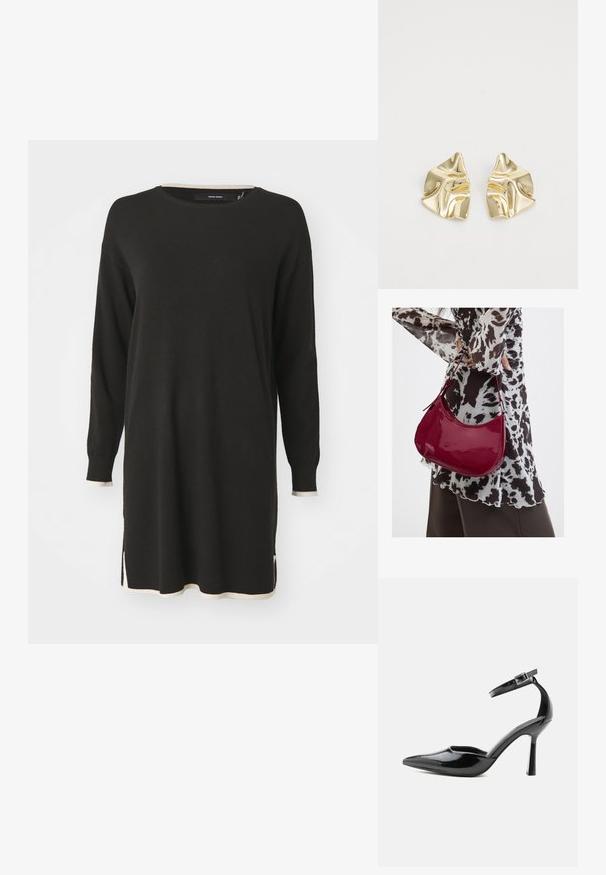 Vestido suéter negro de manga larga con acentos de canalé de color crema en el escote y el dobladillo. Presenta aberturas laterales para mayor facilidad de movimiento.; Zapato de tacón alto de charol negro con punta puntiaguda, correa en el tobillo y hebilla plateada, tacón de aguja, vista lateral sobre fondo liso.; Mujer con blusa de estampado en blanco y negro sosteniendo un bolso de hombro rojo brillante sobre un fondo liso.; Pendientes metálicos dorados con un diseño ondulado; superficie lisa y reflectante; forma asimétrica; sin patrones o elementos visibles.