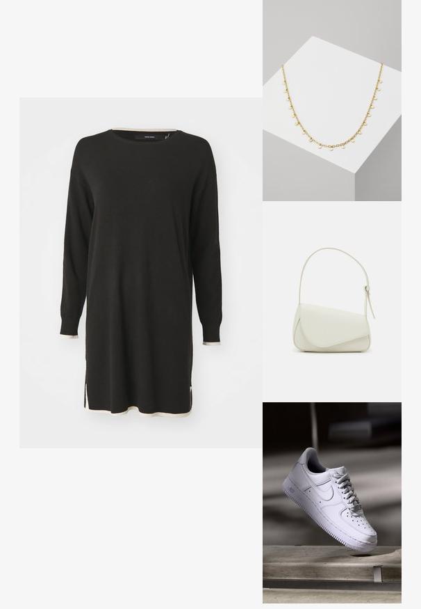 Zwarte lange mouw trui jurk met crèmekleurige geribbelde accenten bij de halslijn en de zoom. Beschikt over zijsplitten voor een comfortabele beweging.; Witte Nike Air Force 1 sneaker die zweeft boven een betonnen oppervlak met schaduwen in een minimalistische setting.; Witte nepleren handtas met een gestructureerde driehoekige vorm, een enkele verstelbare schouderriem en een klep met ronde accenten.; Gouden ketting met kleine, ronde, getextureerde hangers die gelijkmatig over de lengte verdeeld zijn, met een gepolijste afwerking en delicate schakel.