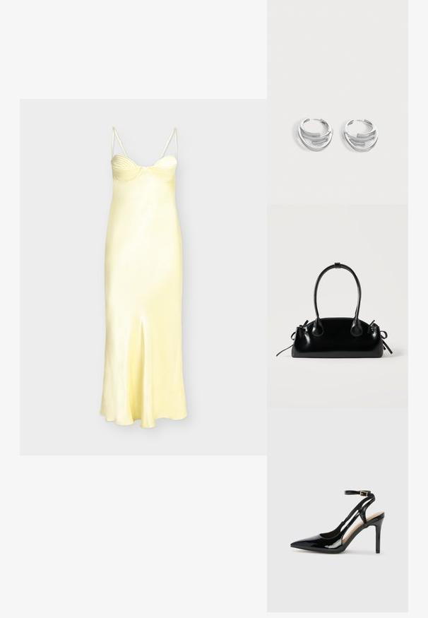 Robe nuisette en satin jaune avec bonnets à armatures, détail froncé au niveau de la poitrine, fines bretelles spaghetti et fente centrale à l'avant.; Escarpin en cuir verni noir à talon haut, avec un bout pointu, une bride réglable à la cheville et des côtés ouverts. Texture lisse.; Petit sac à main noir brillant avec deux longues anses et des détails à cordon sur les côtés sur un fond clair uni.; Paire de boucles d'oreilles anneaux en argent poli avec un design de barre incurvée superposée sur un fond clair uni.