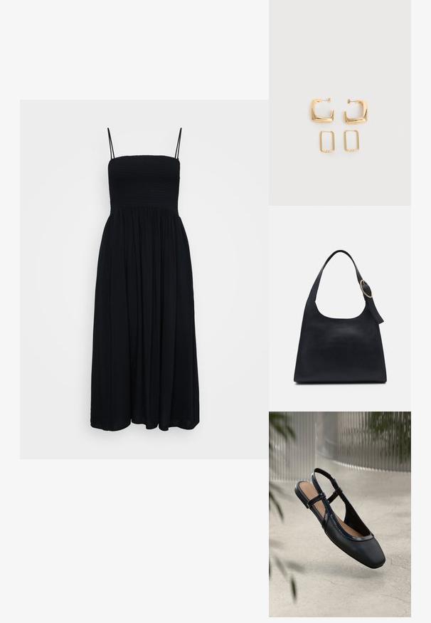 Musthave muströökides must kuninglik rõivas, reguleeritavate õlapaeladega, läikiva tooni pehmest kangast, mis tagab voolava silueti.; Must mustnahk slingback tasane king, millel on ruudukujuline varvas, läikivast lakist äär ja reguleeritavad rihmad turvaliseks sobivuseks.; Must küllastunud nahk kantav kott siledast tekstuurist, ümar keha ja ühe õlavarre rihmaga, millel on ringikujuline kuldne metalldetail.; Kaks paari kuldse tooniga geomeetrilisi rõngaskõrvarõngaid lihtsal valgel pinnal, üks paar ruudukujuline ja massiivne, teine paar ristkülikukujuline ja õõnes.