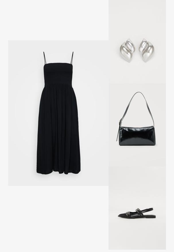 Zwarte maxi-jurk met verstelbare spaghettibandjes, smock-lichaam, geplooide rok en zachte stof voor een vloeiende silhouet.; Even&Odd Slingback ballerina´s - black; Zwarte rechthoekige schoudertas met een enkele verstelbare band en een bovenste ritssluiting op een effen achtergrond.; Zilveren oorbellen met een organische, abstracte vorm. Gladde, glanzende oppervlakte met een taps toelopend ontwerp. Beschikken over subtiele rondingen en een centrale lijn detail.