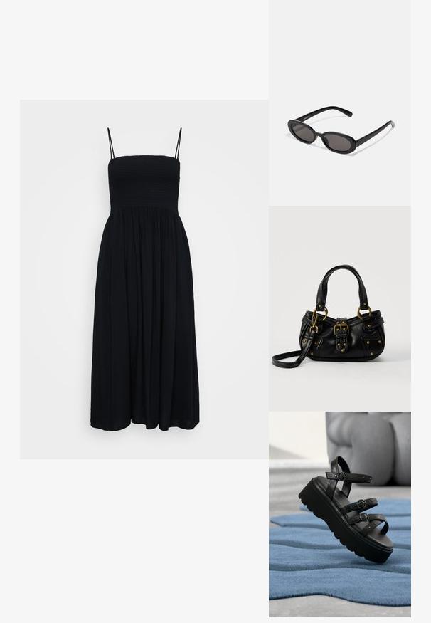 Zwarte maxi-jurk met verstelbare spaghettibandjes, smock-lichaam, geplooide rok en zachte stof voor een vloeiende silhouet.; Zwarte platformsandaal met drie verstelbare riemen met gespen, geplaatst op een gestructureerd blauw tapijt met een wazige achtergrond.; Even&Odd Zonnebril - black; Zwarte leren handtas met gouden gesp en klinknagel details, korte handvatten en een verstelbare schouderriem op een effen witte achtergrond.