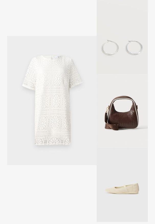 Robe en dentelle blanche avec un motif floral géométrique, manches courtes et encolure ronde. Texture douce avec un design complexe.; Ballerines beiges avec une exterior en cuir lisse, un bout en forme d'amande et une sangle élastique sur le coup de pied, avec des détails de couture subtils.; Sac à main en cuir tressé marron avec passepoil blanc, fermeture éclair dorée et bandoulière amovible en tissu marron.; Boucles d’oreilles créoles en métal argenté avec une surface lisse légèrement incurvée et des fermoirs à clapet sur un fond blanc uni.