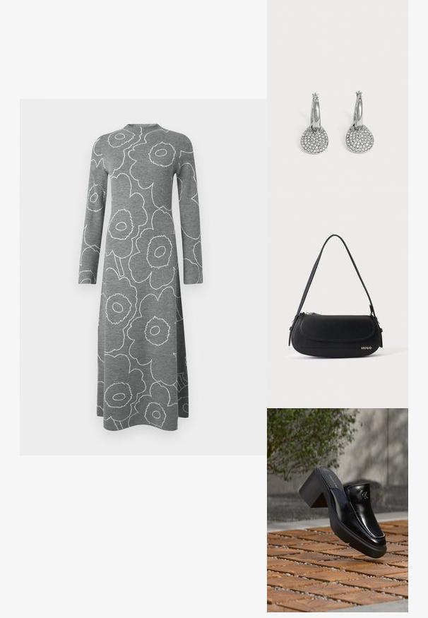 Grå langærmet midikjole med hvide omrids af store blomsterprint og en høj, rund halsudskæring på en ensfarvet baggrund.; Sort læder Calvin Klein slip-on mule med blokhæl, der hviler på trætøj udendørs nær en grøn plante og en grå væg.; Sort skuldertaske i læder med buet klap, guld "HUGO" logo på forsiden og enkelt justerbar strop.; Sølv øreringe med runde, flade vedhæng besat med små klare krystaller på en simpel lys baggrund.