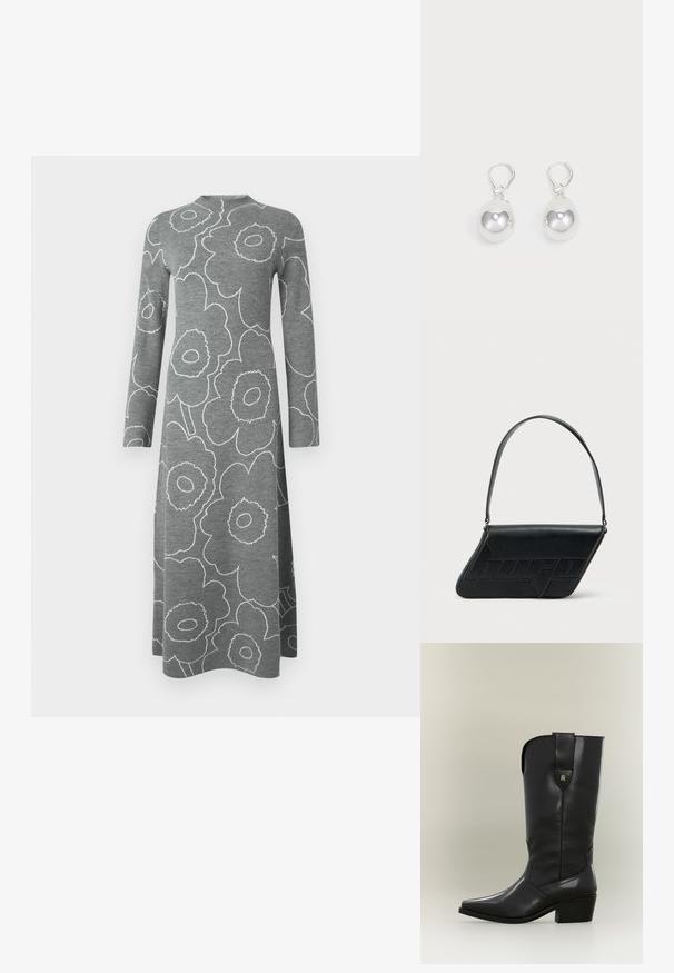 Robe midi à manches longues grise avec de grands motifs floraux blancs en contour et un col haut arrondi sur un fond uni.; Botte de cow-boy haute en cuir noir avec bout pointu, talon épais et languette avec un petit logo doré.; Sac d'épaule en cuir noir de forme triangulaire, avec un logo embossé et une seule bandoulière réglable. Design minimaliste avec une texture lisse.; Boucles d'oreilles en argent en forme de goutte avec des surfaces lisses, rondes et réfléchissantes, suspendues à des fermoirs à ressort. L'arrière-plan est blanc uni.