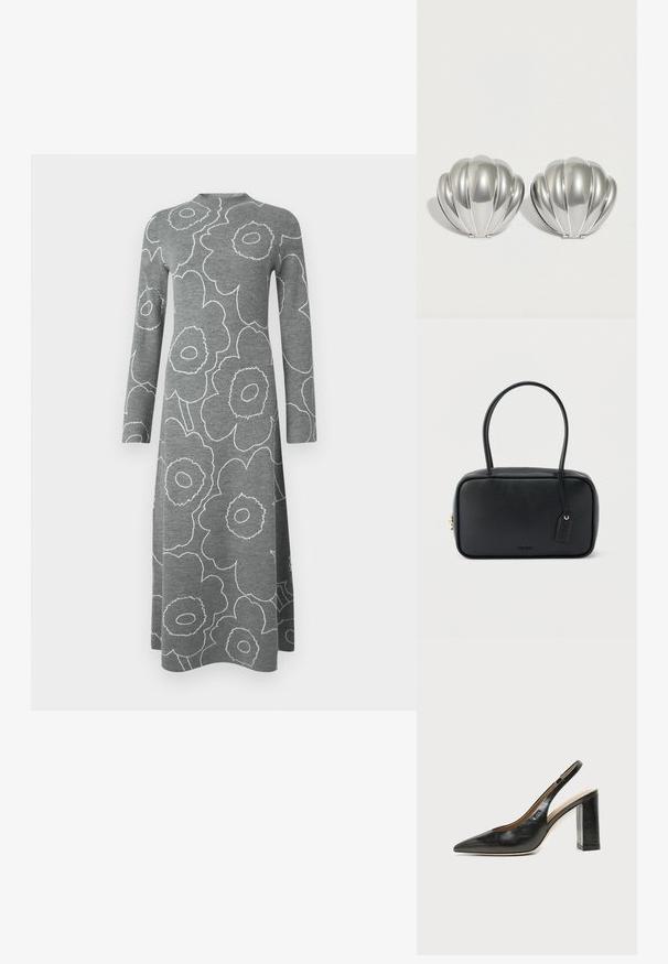 Grå langærmet midikjole med hvide omrids af store blomsterprint og en høj, rund halsudskæring på en ensfarvet baggrund.; Sort læder peep-toe slingback sko med høj blokhæl og beige indvendig foring mod en ensfarvet lys baggrund.; Sort rektangulær håndtaske med dobbelte runde håndtag, gylden lynlås og præget "HUGO"-logo foran med fastgjort lædermærke.; To sølvfarvede kompakte spejle formet som muslingeskaller med ribbede detaljer, placeret side om side på en hvid baggrund.