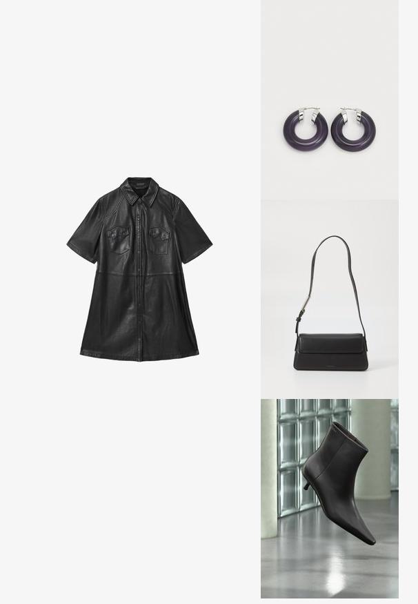 Diseño de vestido camisero de cuero negro con mangas cortas, cuello con solapa, dos bolsillos en el pecho y cierre frontal con botones. Textura suave con costuras ajustadas.; Bota de cuero negro para el tobillo con puntera puntiaguda y tacón pequeño, exhibida frente a una pared de bloques de vidrio y un suelo pulido.; Bolso de mano de cuero negro con forma rectangular y solapa plegable. Presenta una correa delgada y una marca mínima en la parte delantera.; Pendientes de aro de resina púrpura con acentos metálicos en tono plateado. Forma circular con un acabado brillante, que cuenta con un cierre de bisagra seguro.